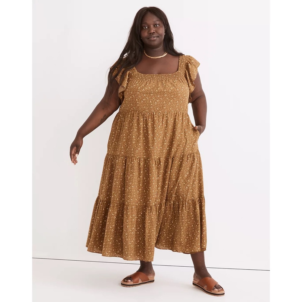 MADEWELL Plus Ruffle-Sleeve Tiered Midi Dress in Daisy Stitch
